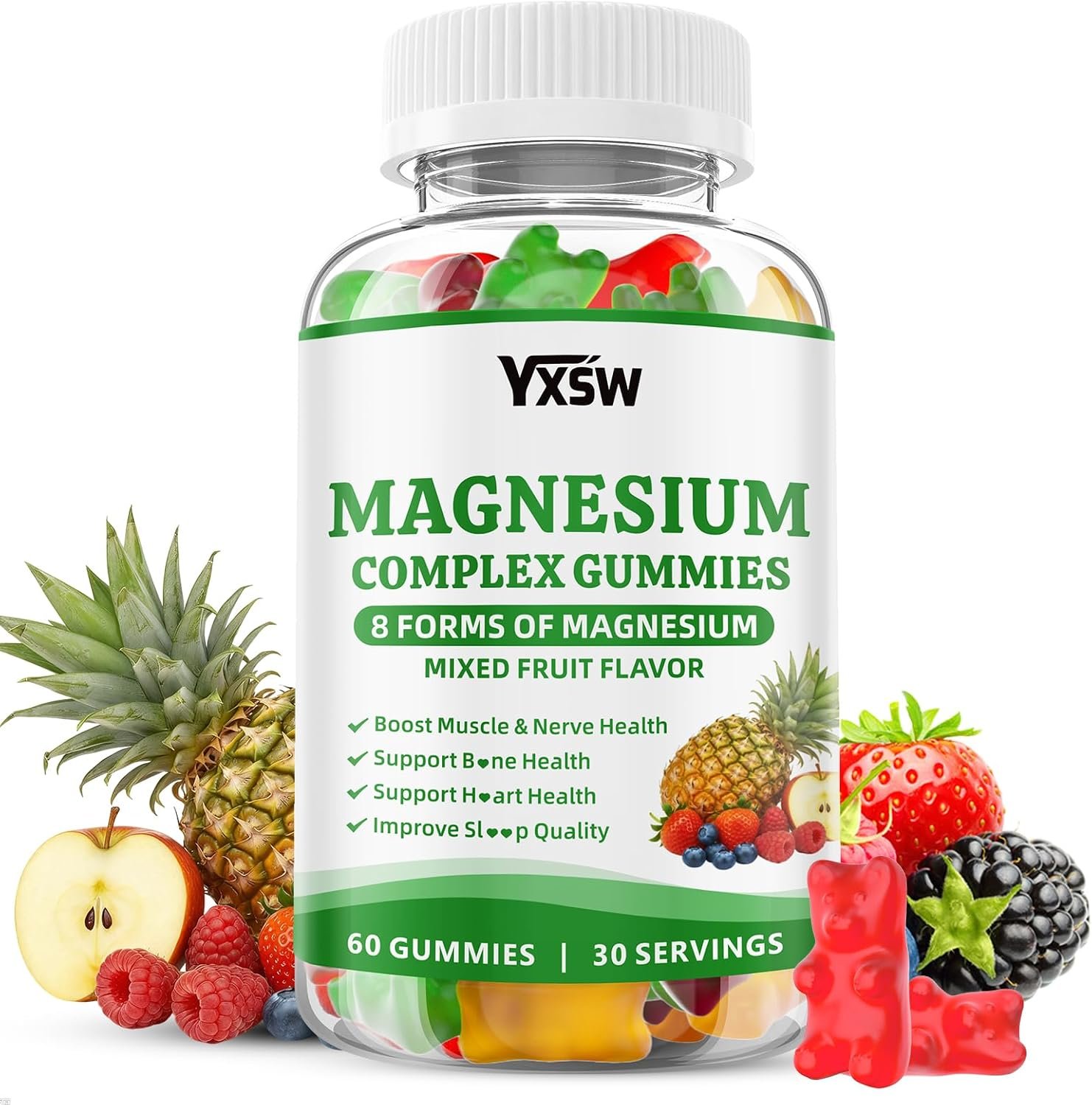 Magnesium Complex Gummies 8 Elemental 1000mg – Magnesium Glycinate, Citrate, Malate, Taurate, Supports Bones, Muscle, Nerve Health, for Women & Men, Vegan, Mixed Flavors, 60 Count