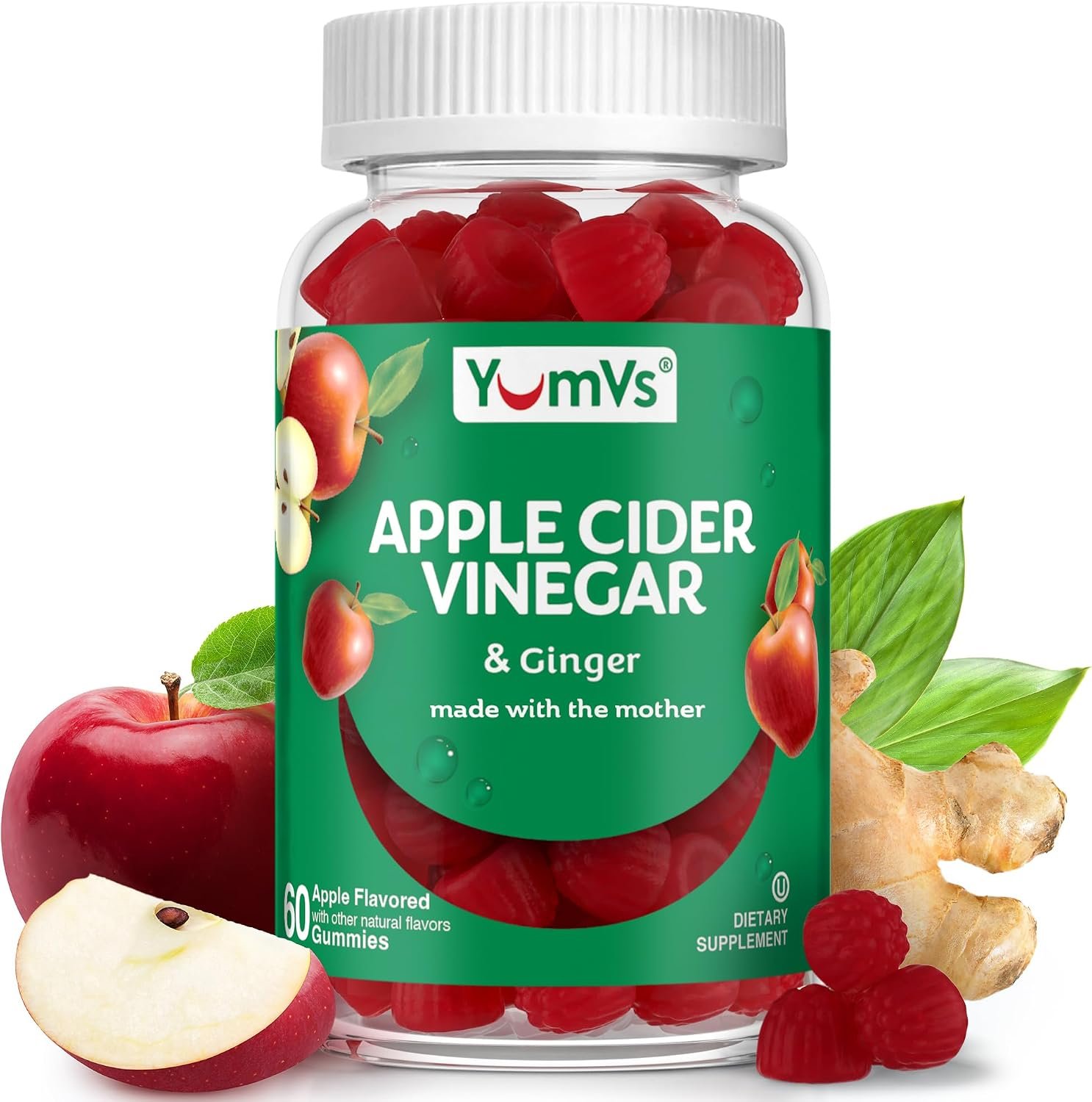 YUM-V’S Apple Cider Vinegar Gummies – ACV Gummies with Ginger & The Mother – Supports Metabolism, Vitality & Daily Wellness – Natural Apple Flavor Vegan, Non-GMO, Gluten-Free, Cider Gummy – 60 Count