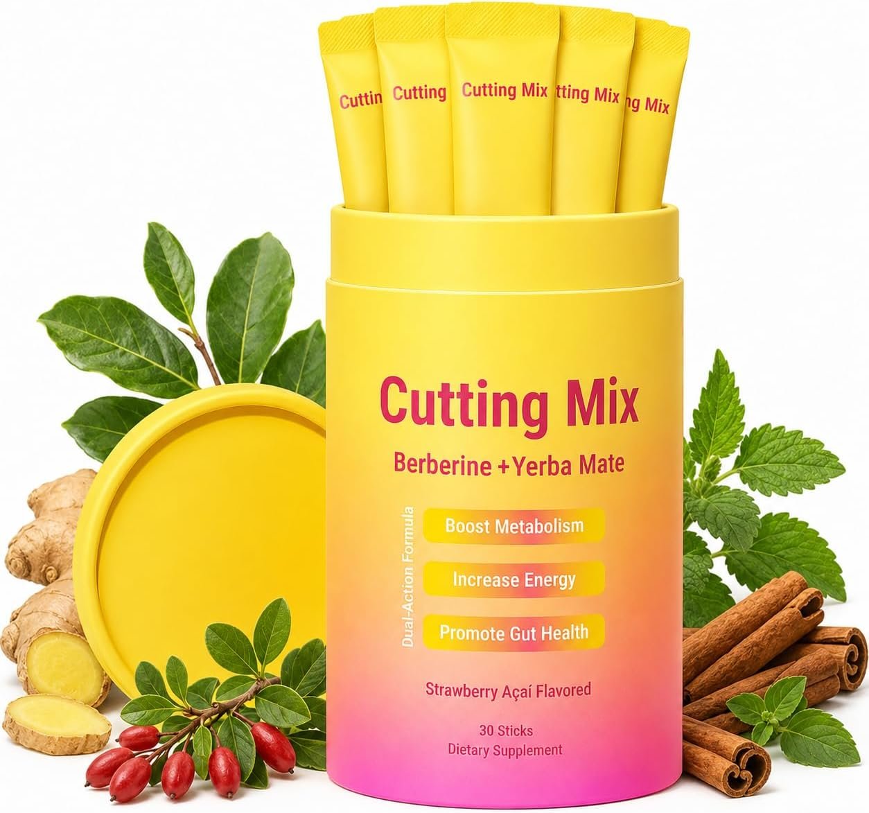 Berberine Drink Mix with Yerba Mate Extract, Strawberry Açaí Flavored Wellness Powder Supplement, Daily Metabolism Support Drink with Cinnamon, Chromium, Magnesium & Prebiotic Fiber, 30 Sticks