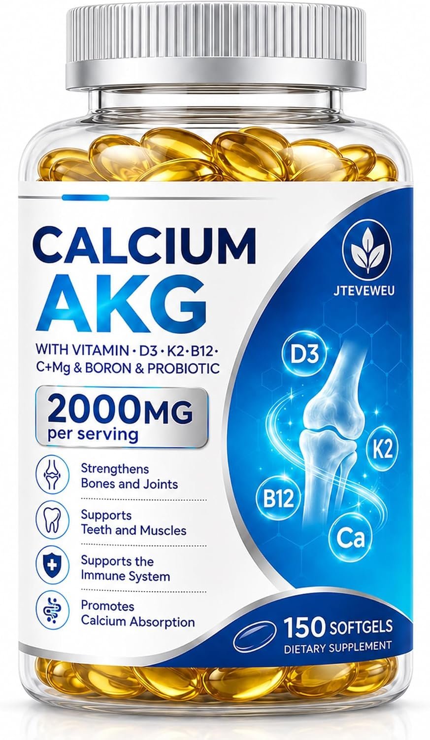 Calcium AKG Supplement 2000mg – 150 Softgels with Vitamin D3 & K2 Softgels for Women & Men │ High Absorption│Calcium Supplements with Magnesium Glycinate, Boron, Probiotics & Vitamin C for Bone1