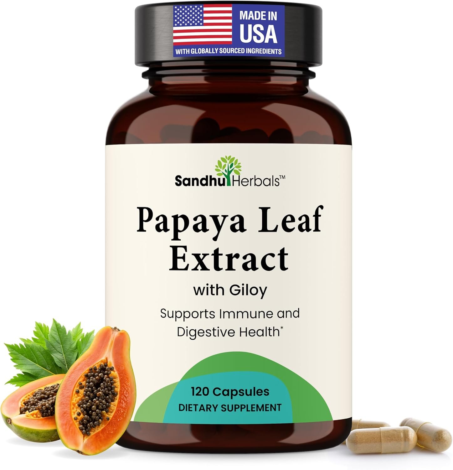 Papaya Leaf Extract 120 Capsules For Digestion | Digestive Enzymes for Platelets & Gut Health | Vegetarian Pills For Men & Women | Spleen Support, Immunity Supplement Tablets | Manufactured in USA