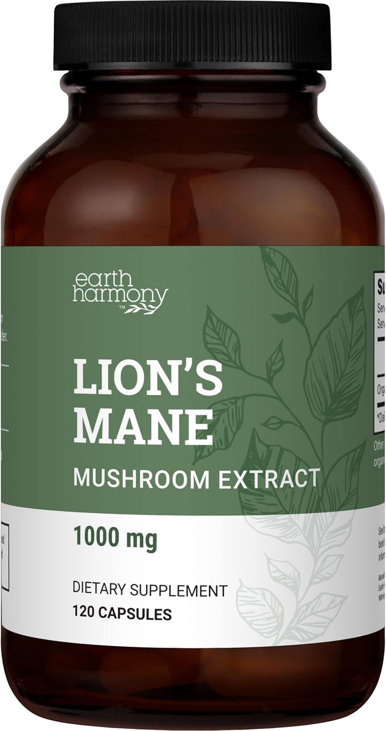 Earth Harmony Naturals Organic Lions Mane Supplement (1000mg), 2-Month Supply Lion’s Mane Mushroom Supplement Extract to Support Focus, Memory (120 Capsules)