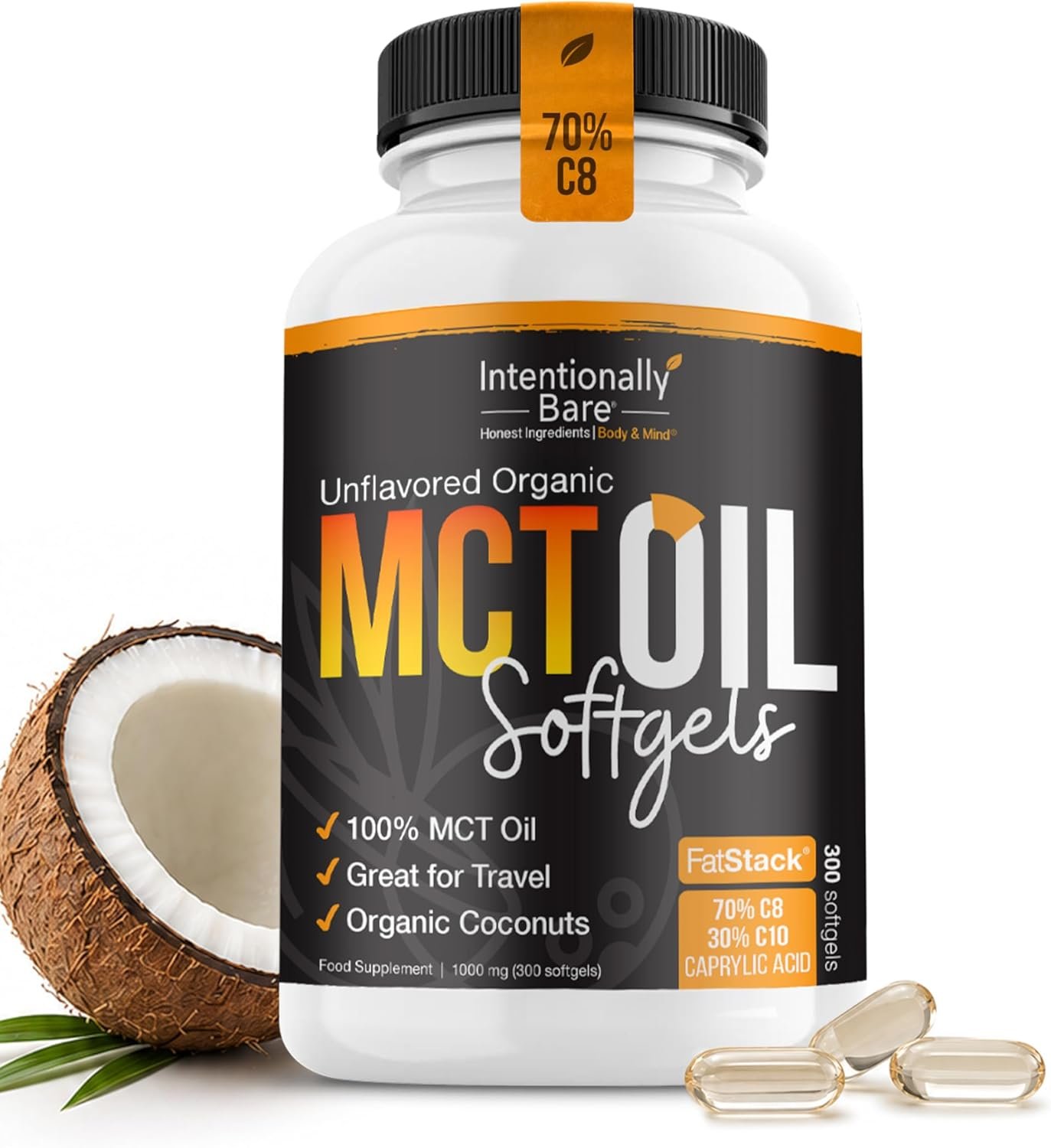 Intentionally Bare Organic MCT Oil Capsules – C8 & C10 Soft gels- 300 ct