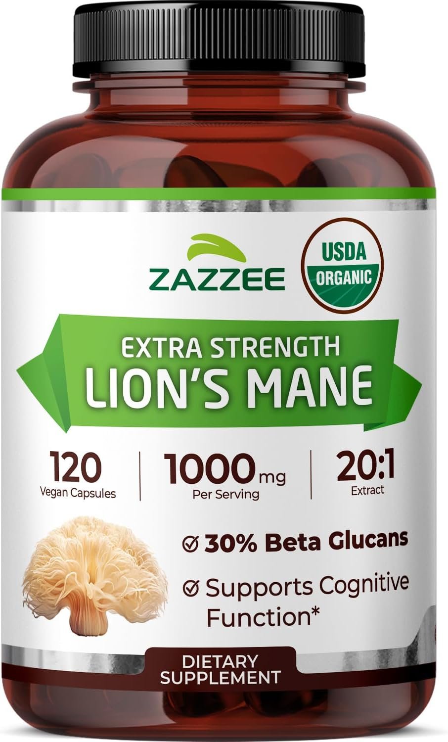 Zazzee USDA Organic Lion’s Mane 20:1 Extract, 30% Beta Glucans, Vegan