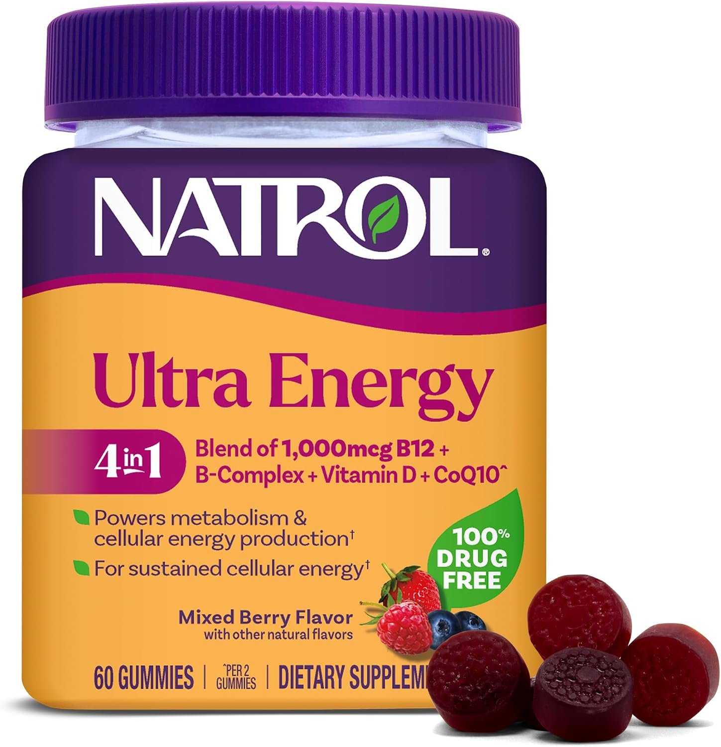 Natrol Ultra Energy 4-in-1, B12, B Complex, Vitamin D, CoQ10, 60 Gummies