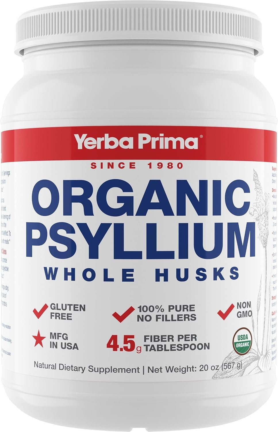 Yerba Prima Organic Psyllium Whole Husks Colon Cleanser – 20 oz – Natural Daily Dietary Fiber Supplement 20oz, Colon Cleanser, Regularity & Detox Cleansing Support, Gluten Free, Non GMO, Vegan