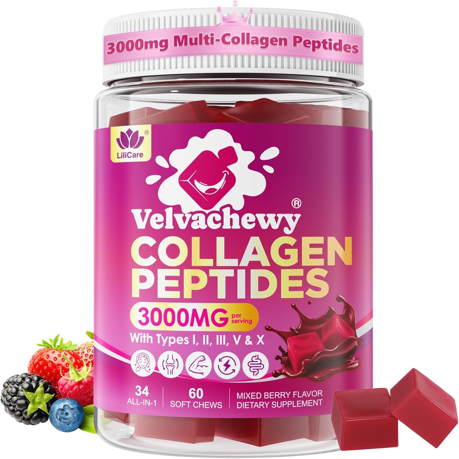 Collagen Gummies 3000mg + Biotin Soft Chews for Women & Men, 0 Sugar,60 Cts