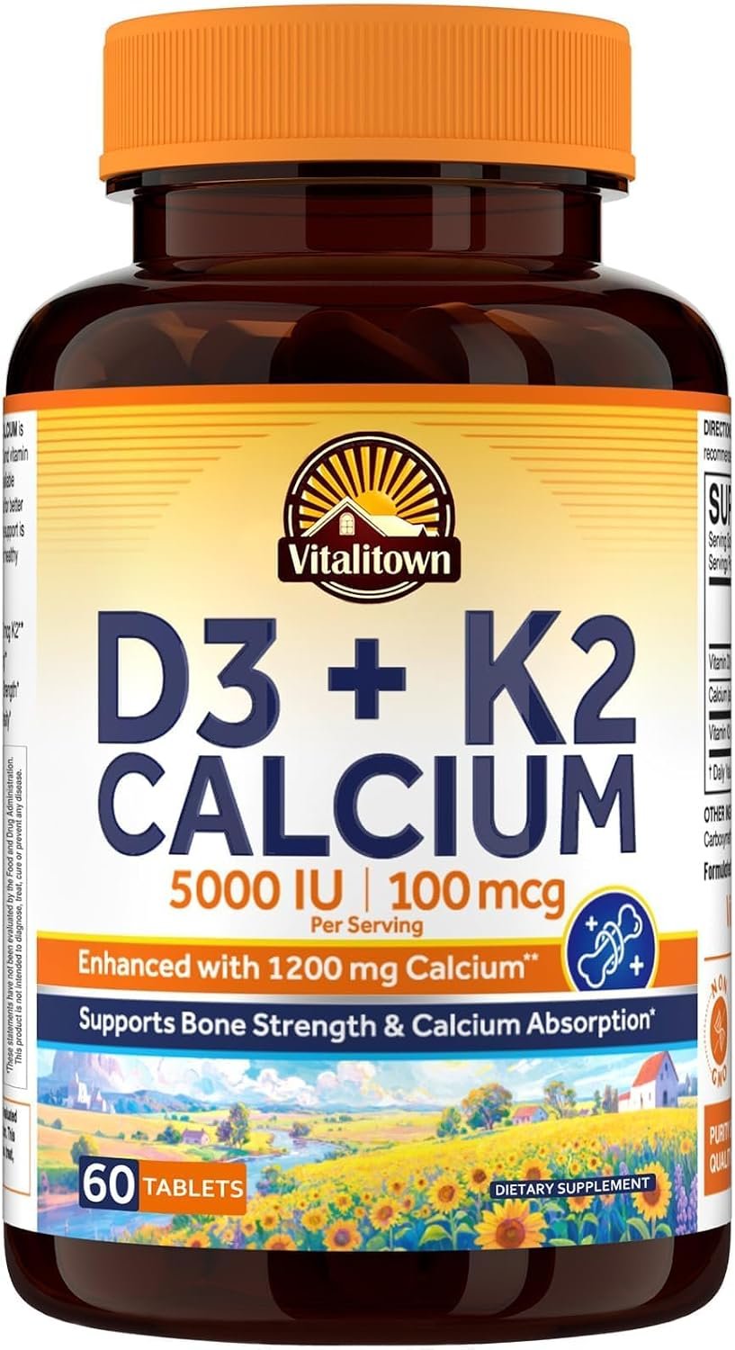 Vitalitown Vitamin D3 K2 Calcium 1200 mg, Vitamin D3 5000 IU, High Potency Bone Strength, Teeth & Immune System Support, Maximum Absorption, Easily Absorbable for Women & Men, 60 Tablets