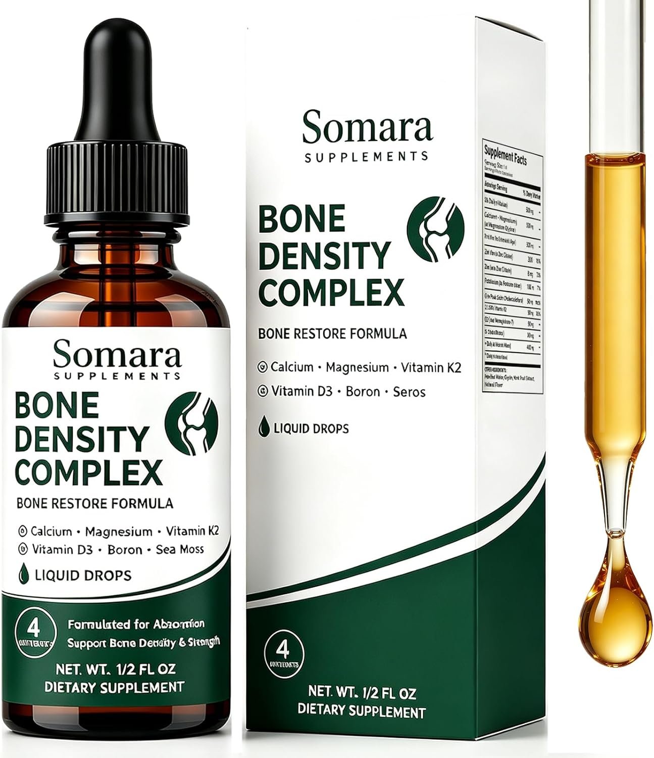 Somara Bone Density Complex Liquid – Calcium, Magnesium, Vitamin D3, K2, Organic Algae Calcium