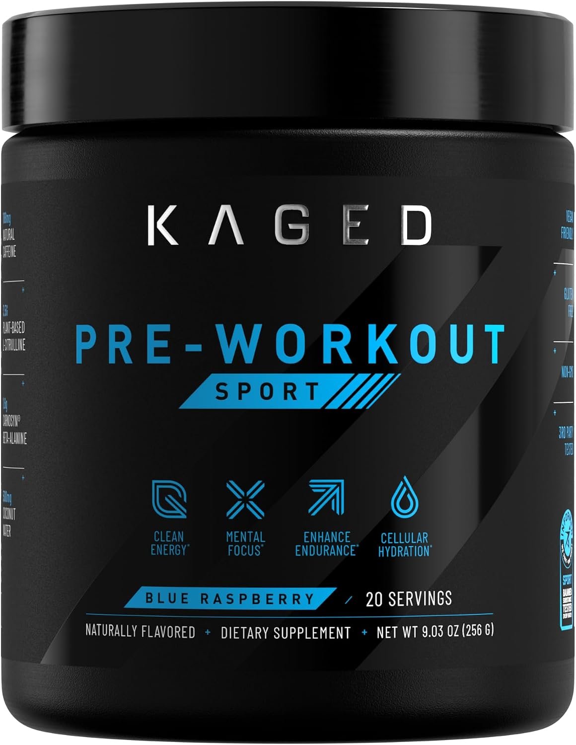Kaged Sport Pre Workout Powder for Men & Women, Blue Razz, Sport Certified, 188mg Caffeine, Nitric Oxide Supplement, Beta Alanine for Energy, Weightlifting, Cardio Endurance & Strength, 20 Servings
