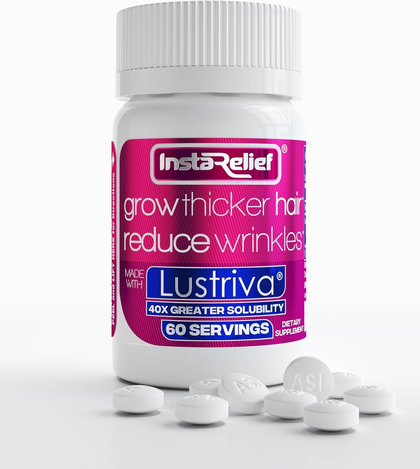 InstaRelief® Hair Growth with Lustriva® – Clinically Shown to Grow Thicker, Healthier Hair in 3 Weeks, Reduce Wrinkles and Fine Lines, with Biotin, Silicon, and Arginine, 60 Tablets
