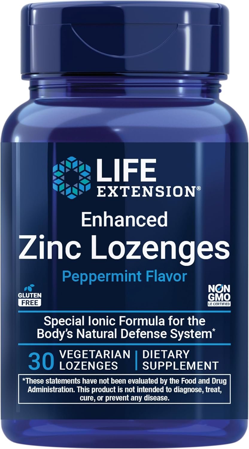 Life Extension Enhanced Zinc Lozenges, zinc Acetate, Optimal Immune Support, Strong Immune Response, Ionic zinc, Non-GMO, Gluten-Free, Vegetarian, 30 lozenges
