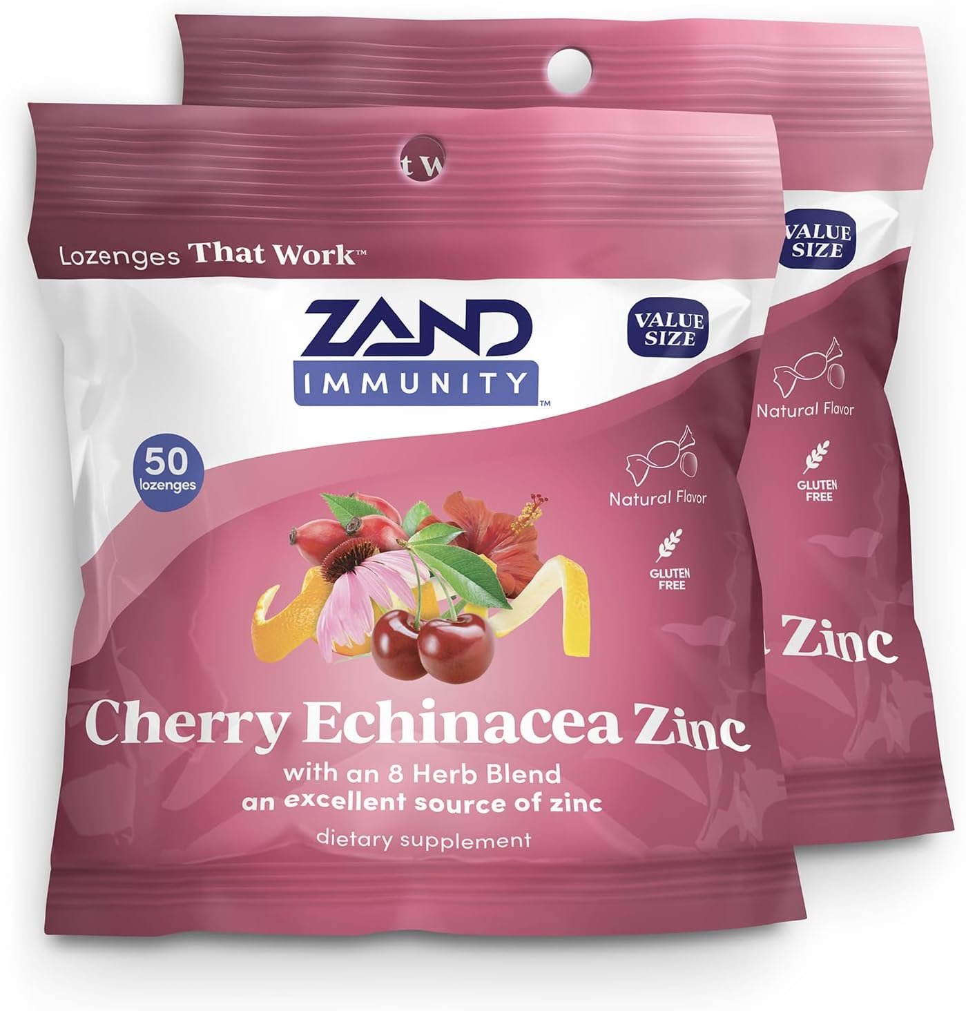 ZAND Immunity Cherry Echinacea Zinc Throat Lozenges 2 Pack – Good-for-You Dry Mouth Lozenges – Immune Support Supplement with Zinc 5mg – Soothe a Dry Throat – Natural Flavor, Gluten Free, 50ct ea