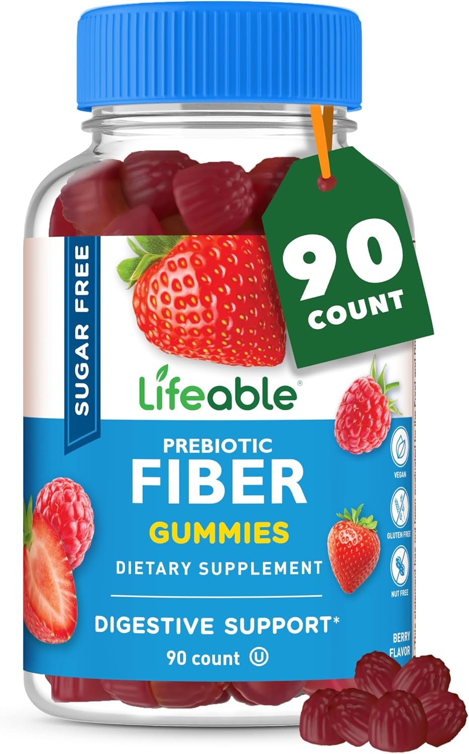 Lifeable Sugar Free Fiber Gummies for Adults, 4g Prebiotic Fiber, 90 Count