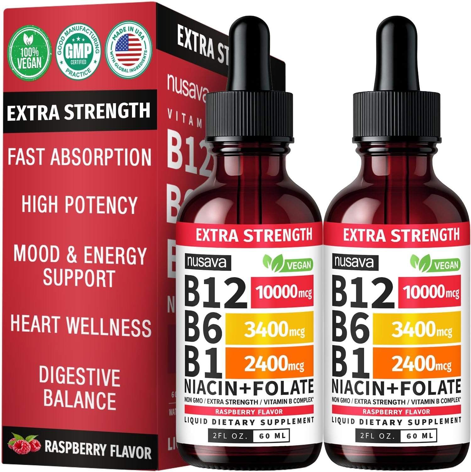 NUSAVA Extra Strength B12 Liquid Drops 10000mcg, Raspberry, Pack of 2