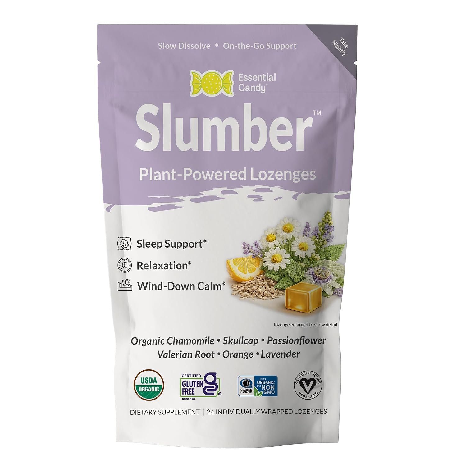 Slumber Blend Organic Lozenges | Sleep Issues, Tranquility, Relaxation | Chamomile, Skullcap, Passionflower, Valerian Root, Orange, Lavender | Gluten-Free, Non-GMO, Vegan – 24 Count (Pack of 1)