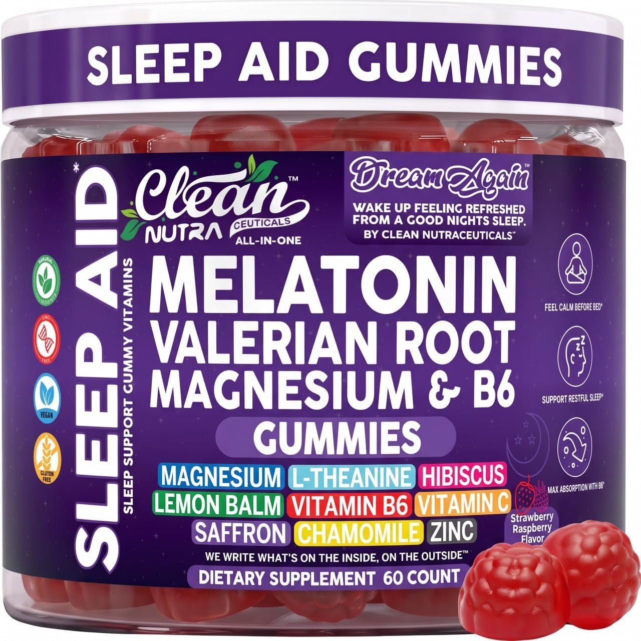 Clean Nutra Melatonin Gummies 10mg | Sleep Aid Valerian Root L-Theanine Vitamin B6 C Lemon Balm Magnesium Hibiscus Beta Carotene Saffron & Chamomile Rest Support Supplement Raspberry Flavor