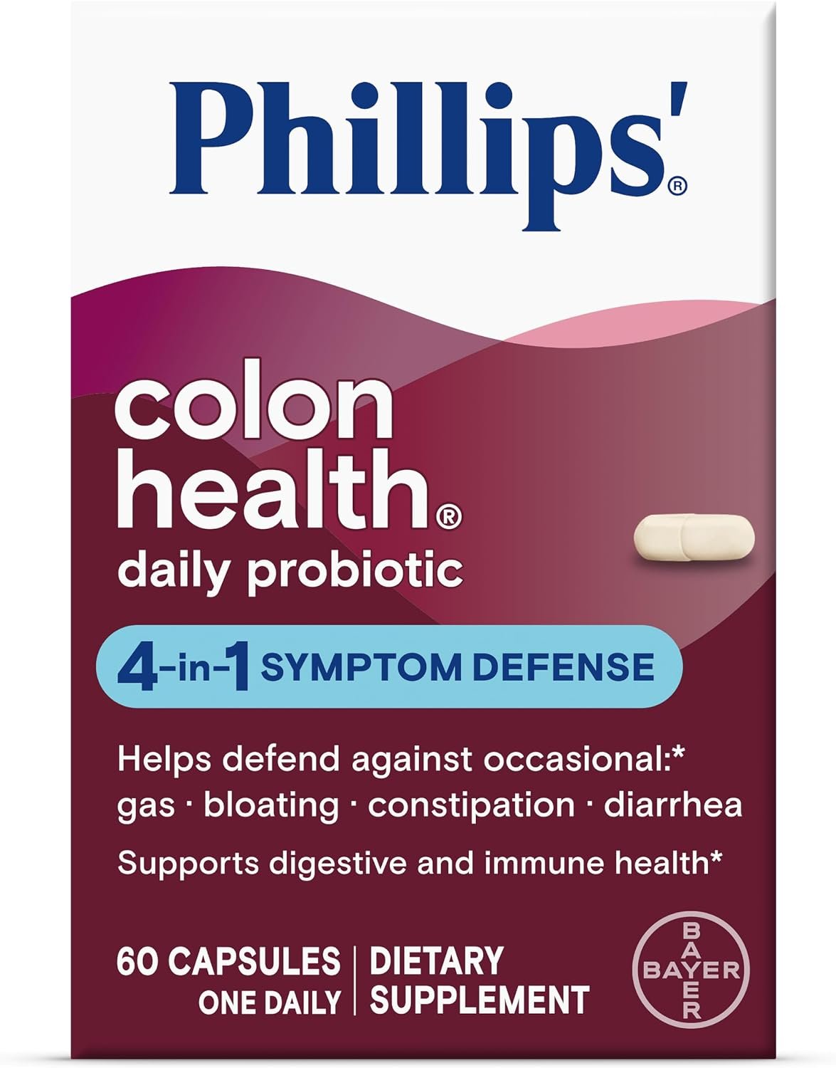 Phillips’ Colon Health Daily Probiotic Capsules, 4-in-1 Symptom Defense to help defend against Occasional Gas, Bloating, Constipation, and Diarrhea, Daily Supplement, 60 Count
