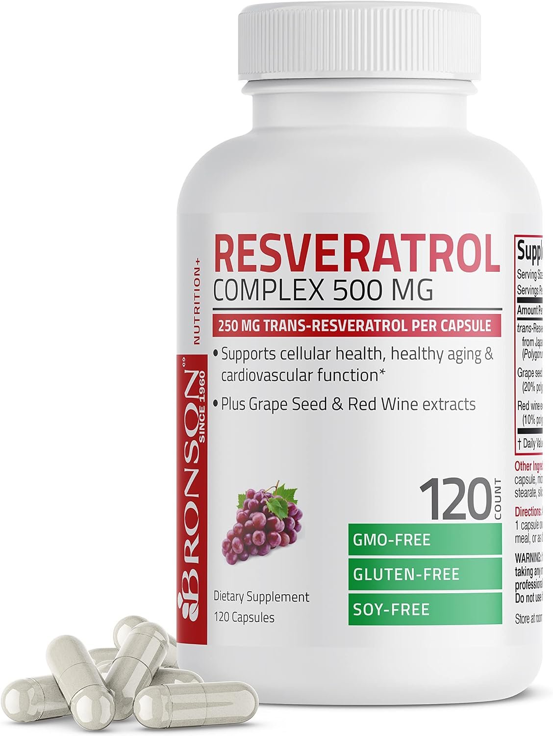 Bronson Resveratrol Complex 500 mg with Grape Seed & Red Wine, 120 Capsules
