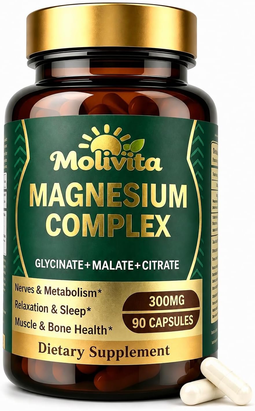 Triple Magnesium Complex – 300mg Magnesium from Glycinate, Malate & Citrate with Vitamin B6 & L-Theanine – Supports Stress Relief, Sleep, Nerves, Metabolism, Muscle & Bone Health