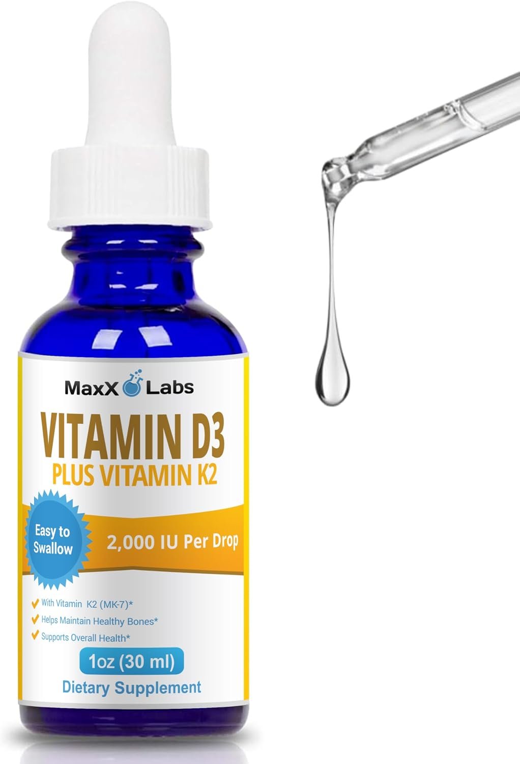 Vitamin D3 K2 Liquid Drops 2000 IU, 1 Oz Dropper, 900 Days Supply