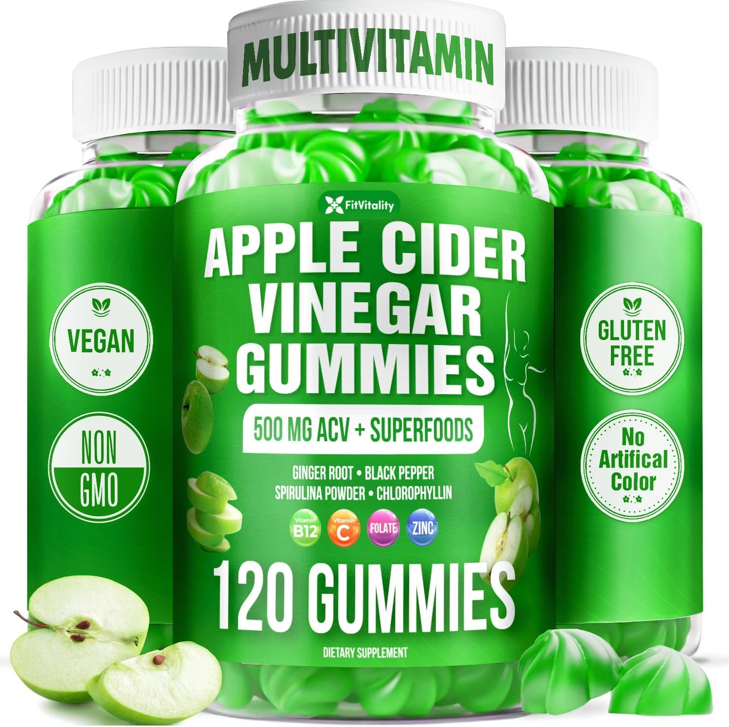 Premium Apple Cider Vinegar (ACV) Gummies w/ Vitamin B12 & C, Zinc, Ginger