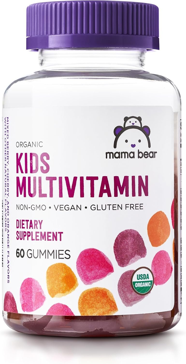 Amazon Brand – Mama Bear Organic Kids Multivitamin Gummies, Berry, Cherry & Orange, 60 Count, 1 Month Supply (Packaging May Vary)
