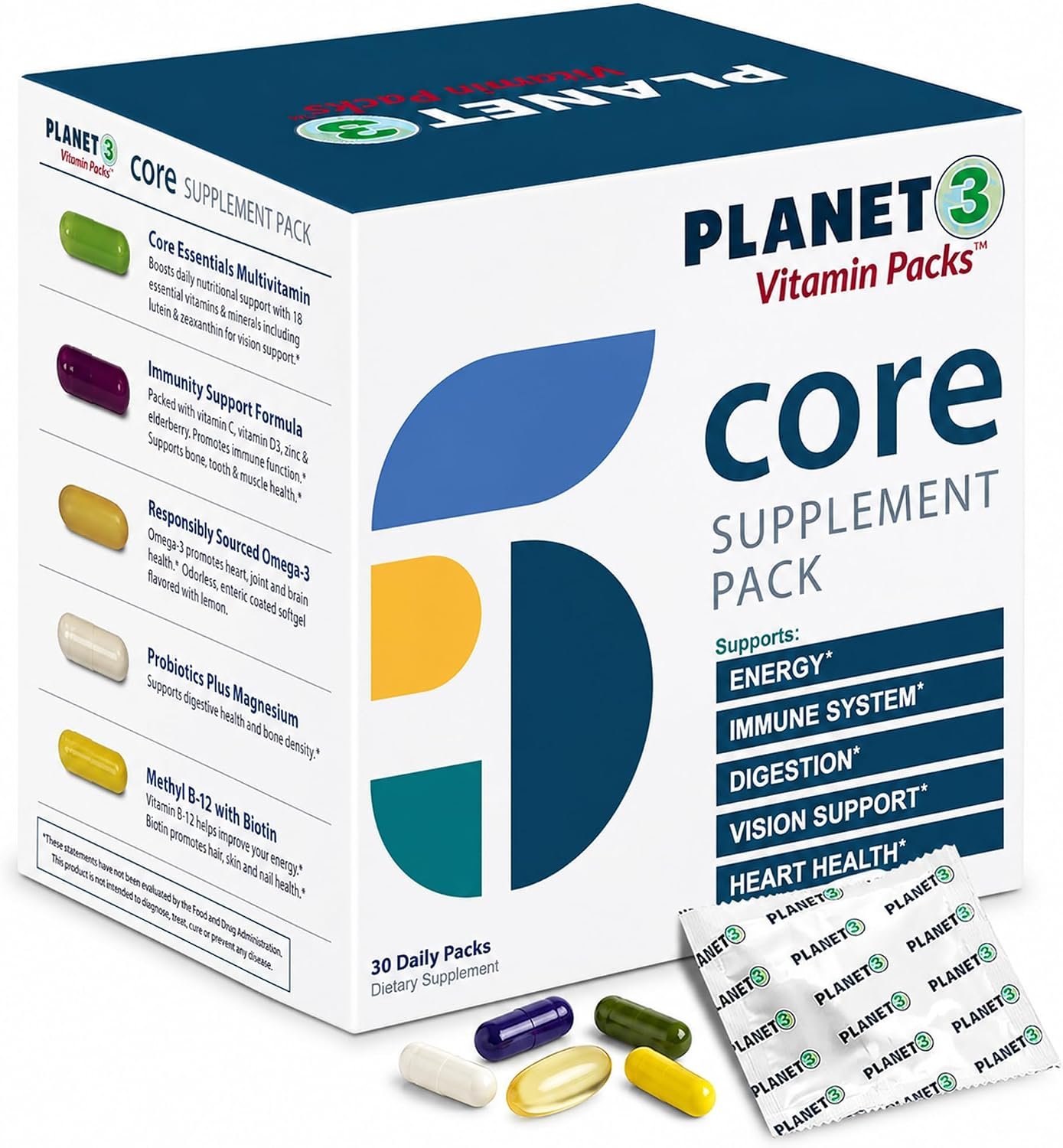 Daily Vitamin Packs for Men & Women – Immune, Energy & Heart Support with Vitamin D3, Omega-3, Probiotics, Methyl B12 & Vitamin C – Multivitamin with Lutein – Planet 3 Vitamin Packs, 30 Packets