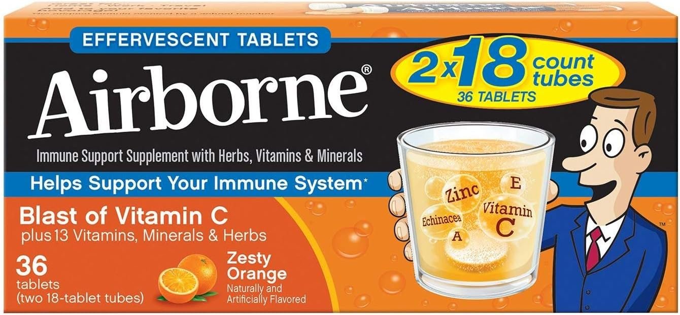 Vitamin C 1000mg (per serving) – Airborne Zesty Orange Effervescent Tablets (36 count in a box), Gluten-Free Immune Support Supplement and High in Antioxidants