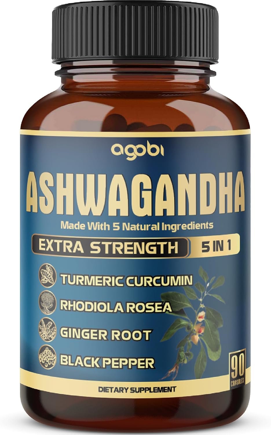 Ashwagandha Extract Capsule – Great Strength – 5in1 Blended Ginger, Turmeric, Rhodiola Rosea & Black Pepper – 90 Capsules for 3 Months – Strength, Spirit & Immune Support