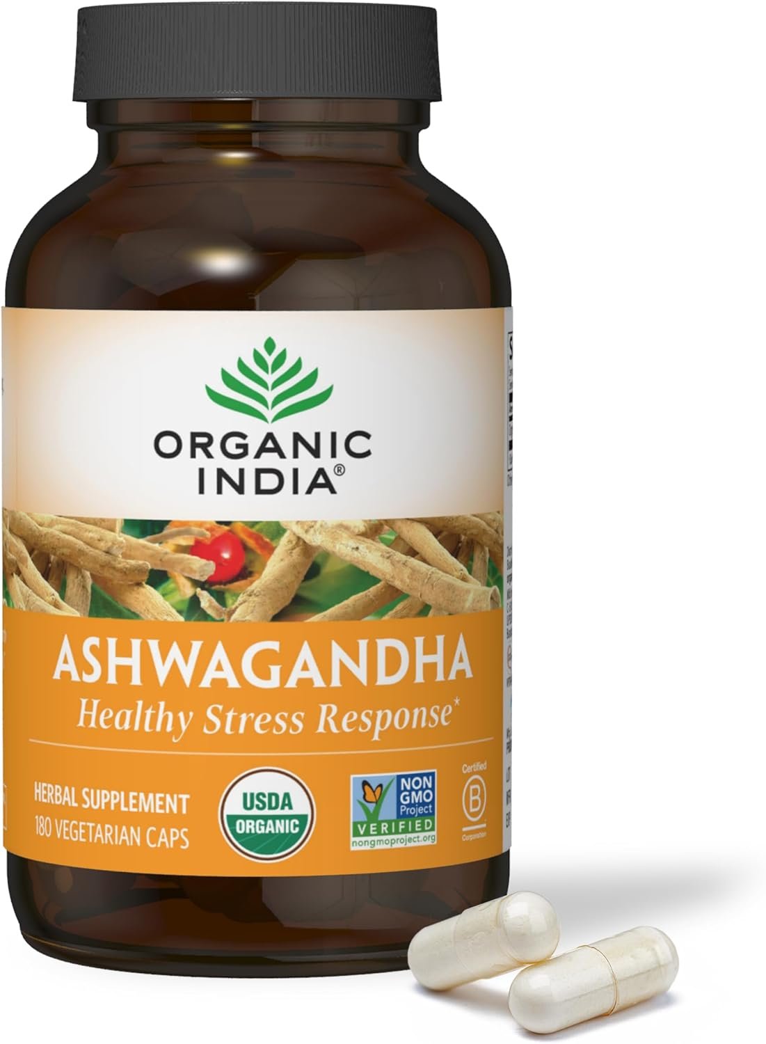ORGANIC INDIA Ashwagandha Capsules, Vegan Root, Gluten-Free, 180 Capsules