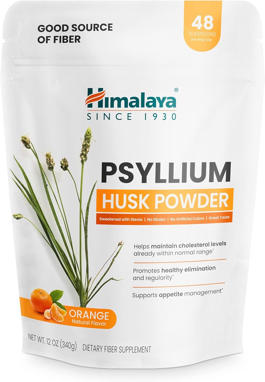 Himalaya Psyllium Husk Powder, Orange, 48 Servings – Daily Psyllium Fiber Supplement for Supporting Digestive Health and Regularity – Vegan, Non-GMO, Sugar Free, Gluten Free, 12 oz (340 g)