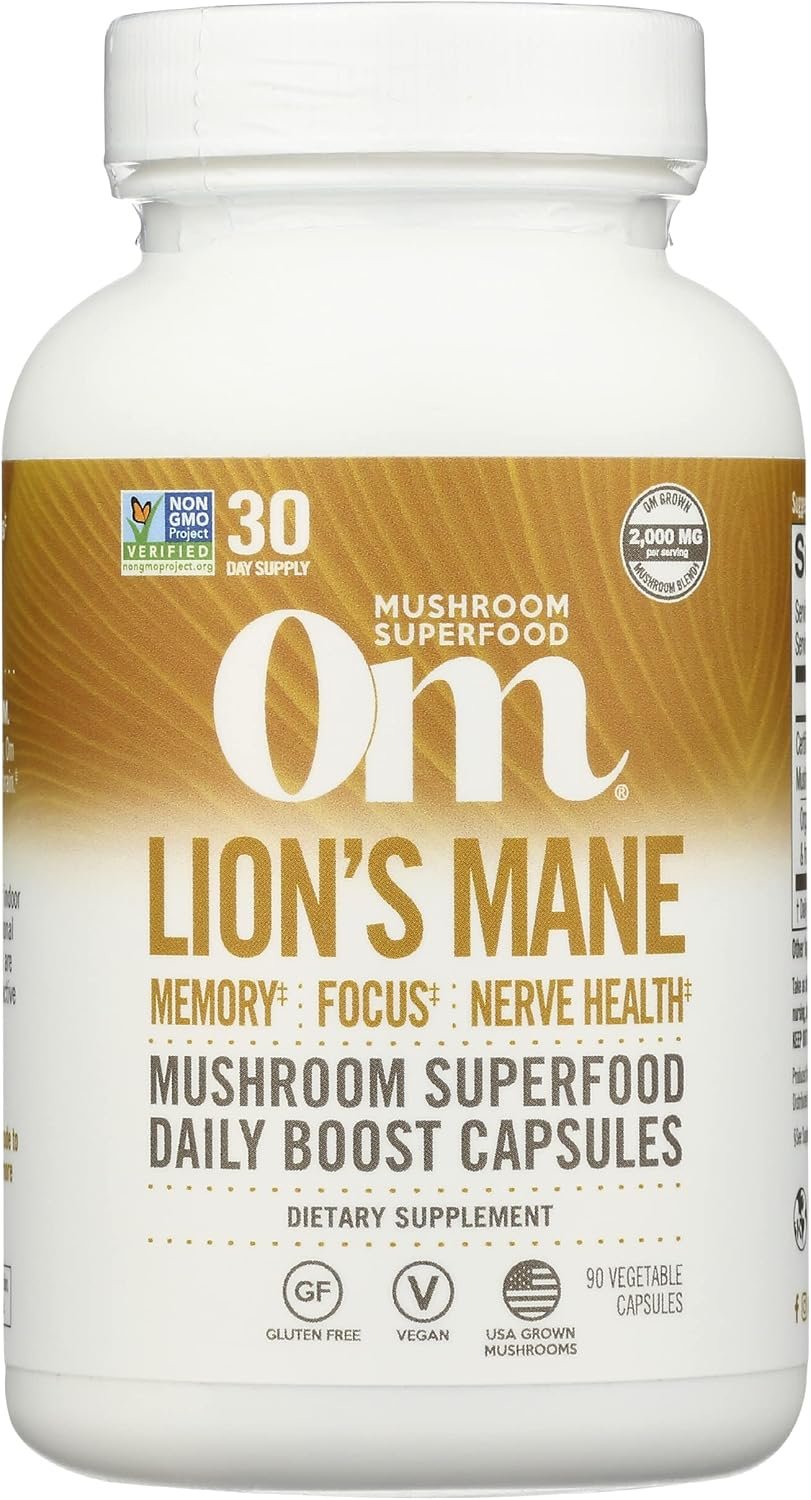 Om Mushroom Superfood Lion’s Mane Mushroom Capsules Supplement, Fruit Body & Mycelium Nootropic for Memory Support, Focus, Clarity, Nerve Health, Creativity &Mood, 90 Capsules