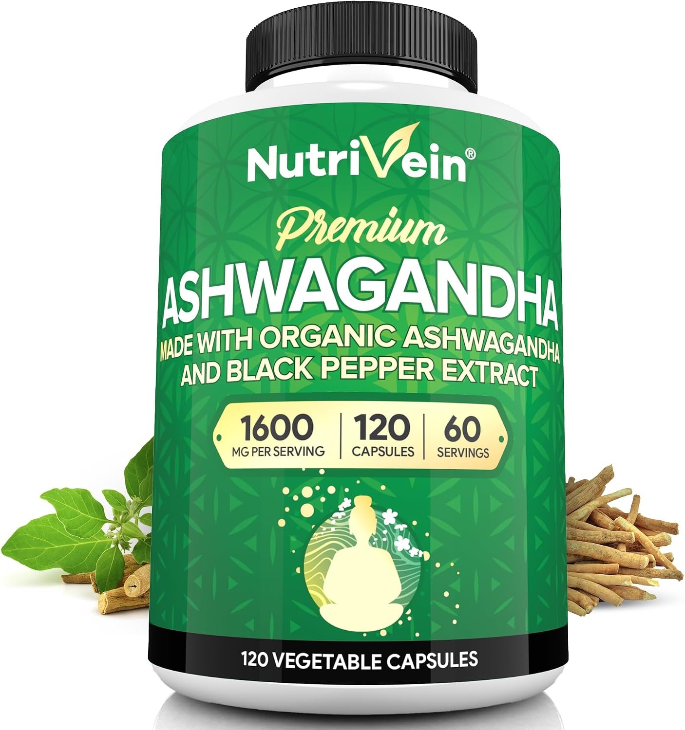 Nutrivein Ashwagandha Root 1600 mg with Black Pepper – 120 Vegan Capsules