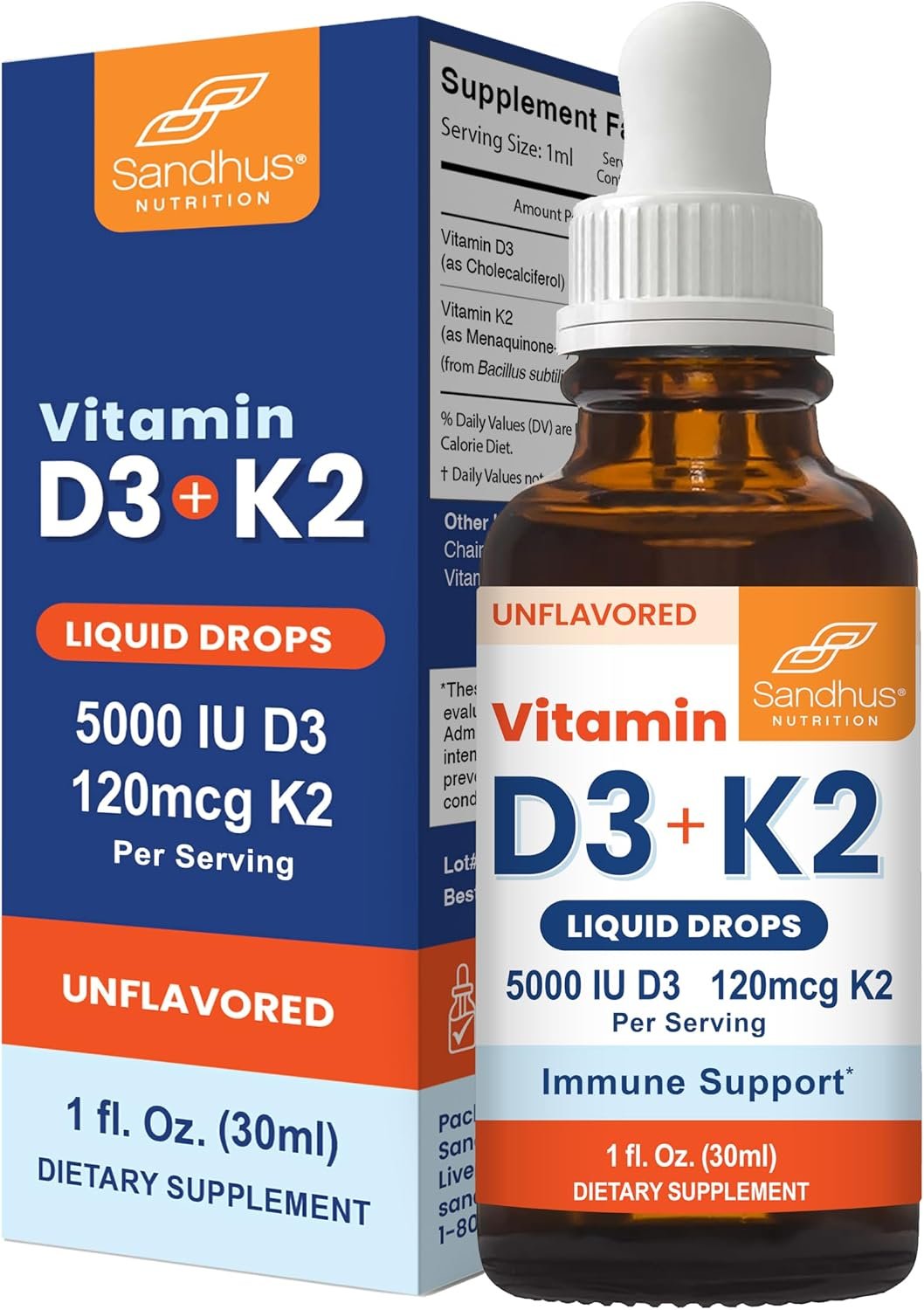 Sandhu’s Vitamin D3 K2 Drops for Adults | 5000 IU D3 Liquid, 120mcg K2 Supplement 1 Fl Oz (Pack of 1) | D3K2 Supports Superior Absorption, Energy, Immune, Muscle Health for Men & Women