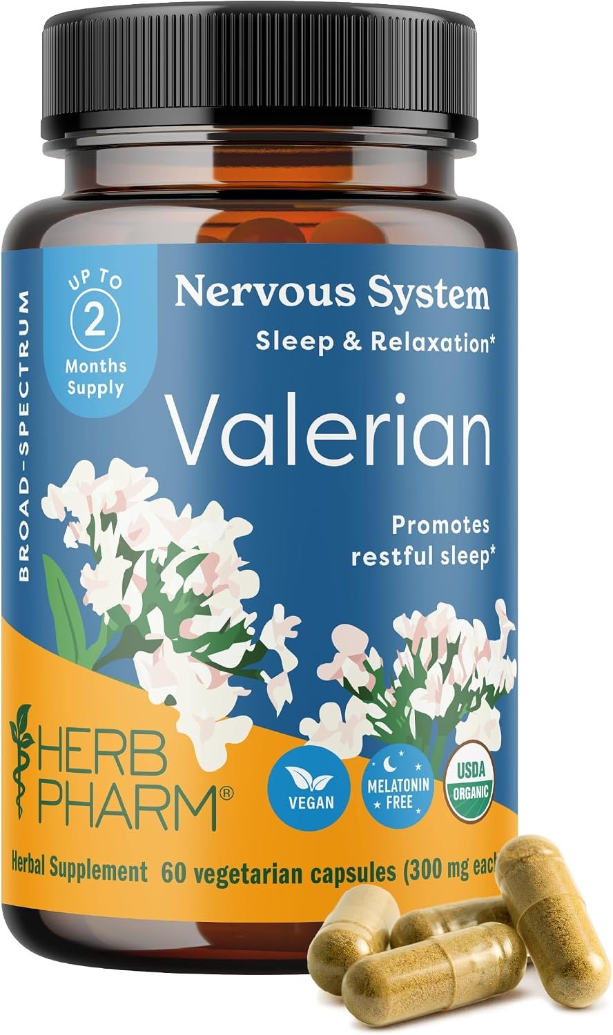 Herb Pharm Valerian Root Sleep Support Capsules: Certified Organic Sleep Aid for Adults Valeriana Extract for Relaxation, Non-Bitter, Melatonin Free, Vegan, ~30-60 Day Supply, 60 Capsules