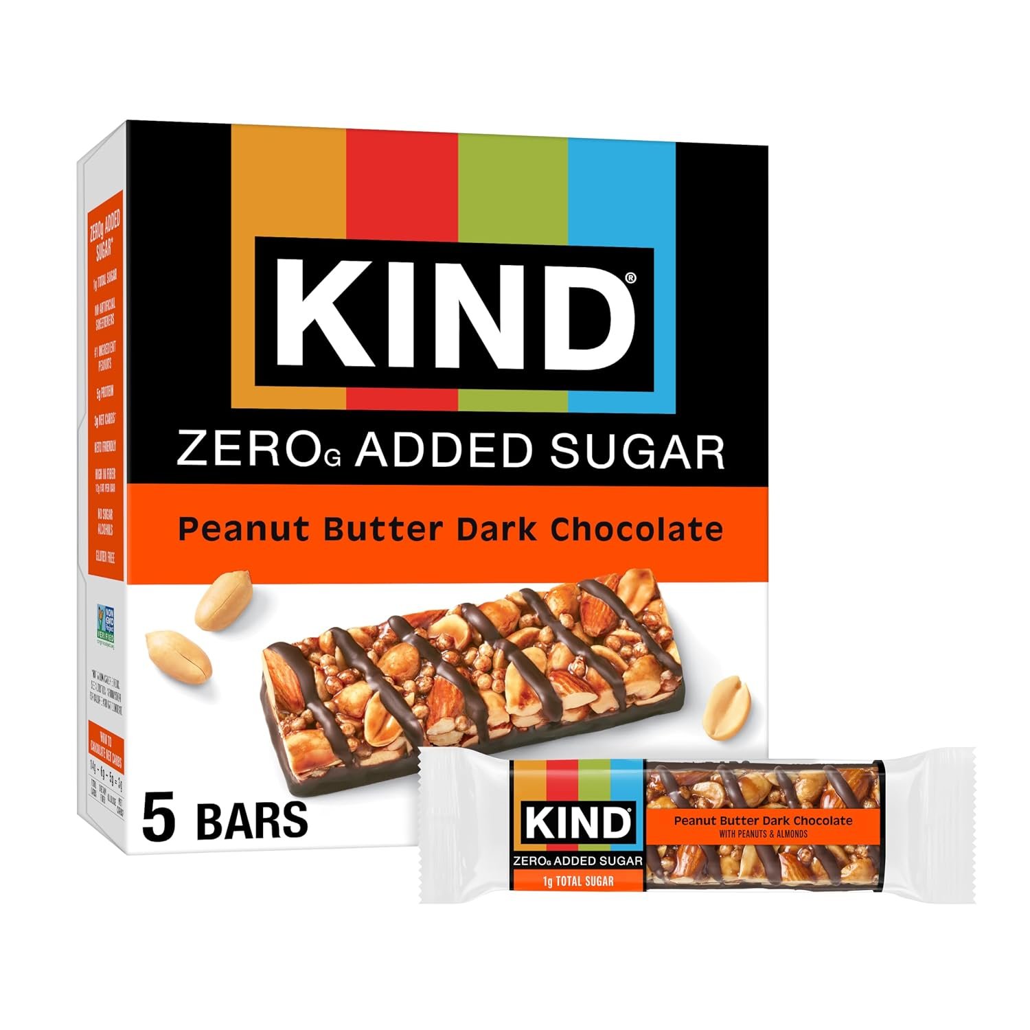 Kind Zero Added Sugar Healthy Snacks Bars, Peanut Butter Dark Chocolate, Gluten Free, High Fiber, Keto Snacks, 5g Protein, 5 Count