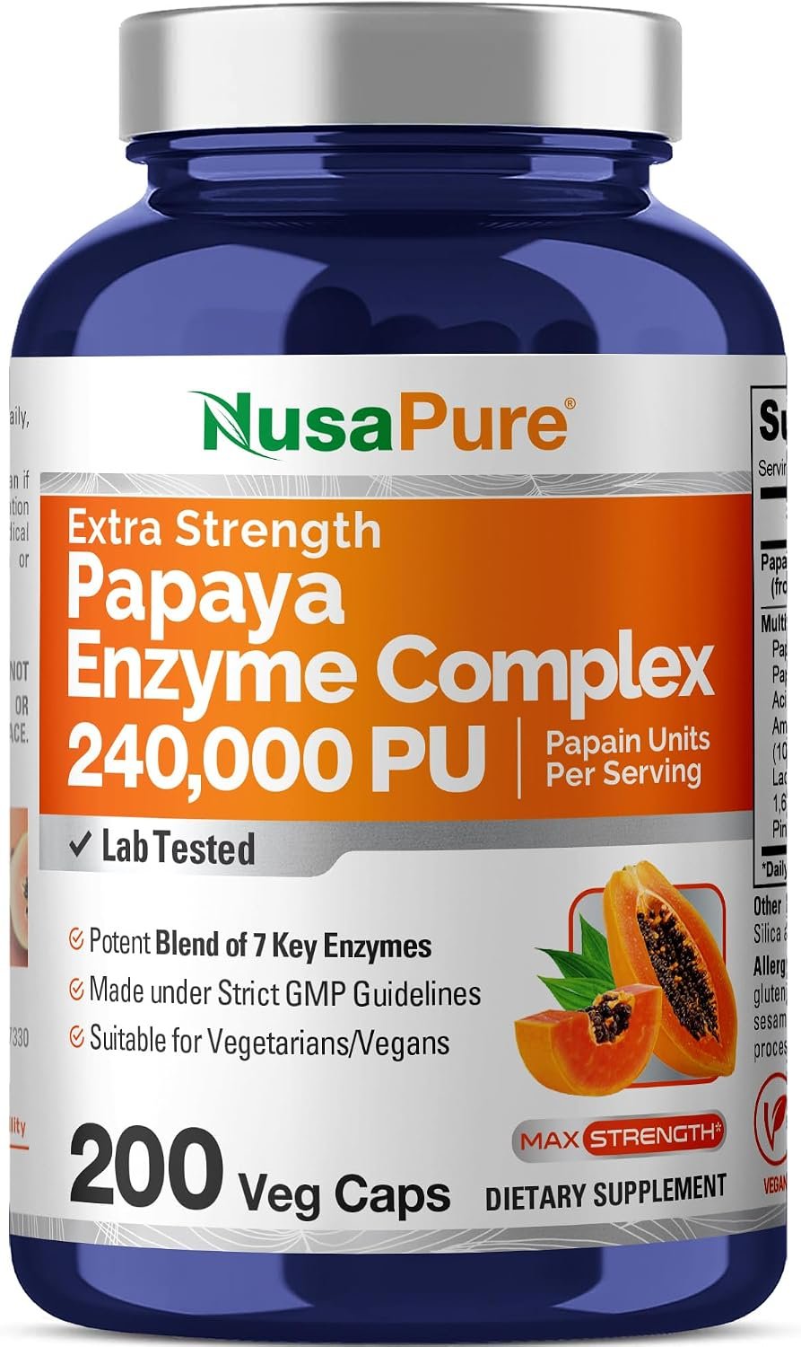 Papaya Enzyme 240,000 PU, Non – GMO, Vegan, 200 Veg Capsules – 100 Servings