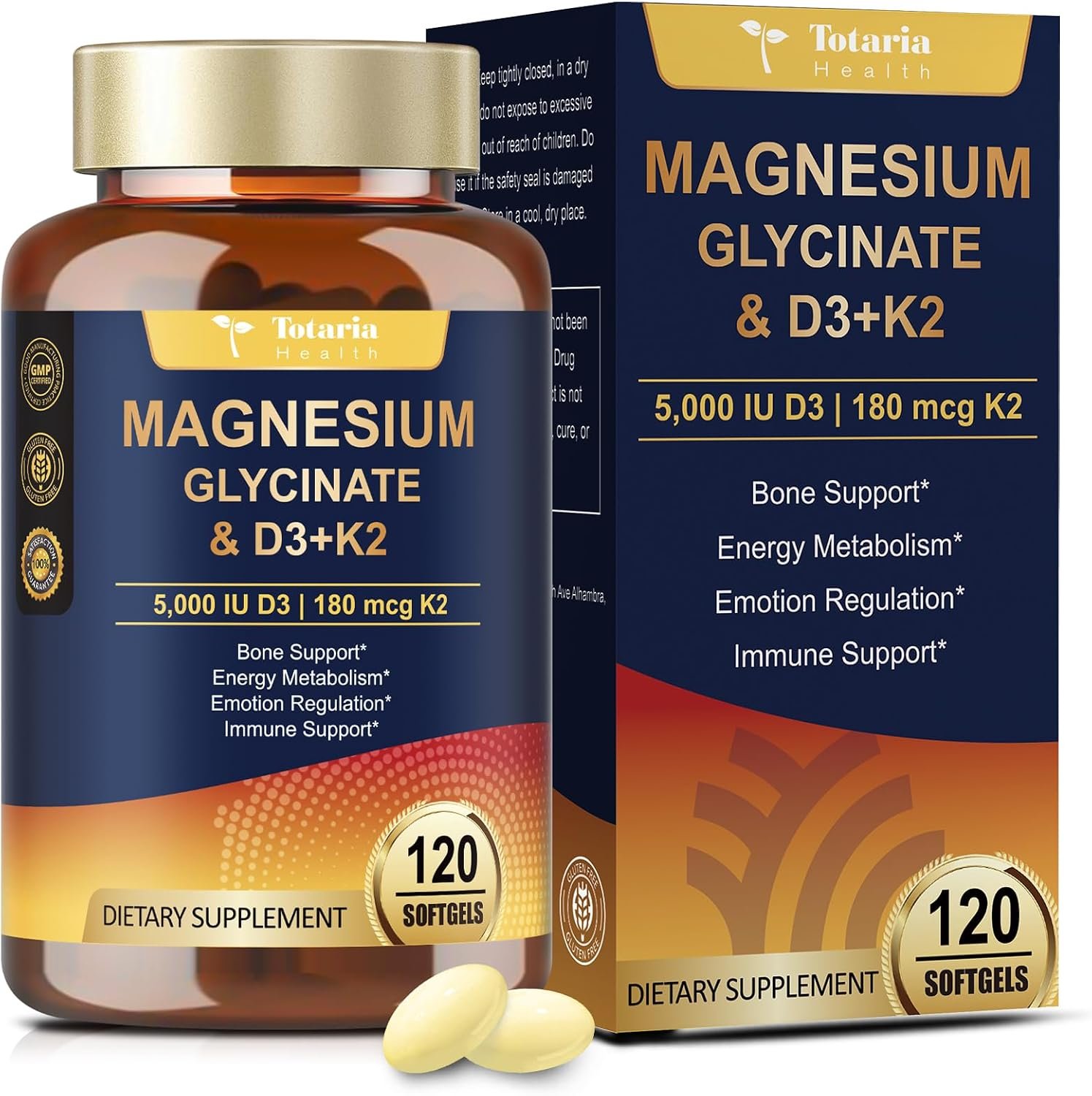 9-in-1 Magnesium Glycinate 500mg + Vitamin D3 5000 IU & K2 Complex – High Absorption – Healthy Stress, Sleep, Muscle Function, Bone Health & Energy Supports | Non-GMO, Gluten-Free 120 Softgels