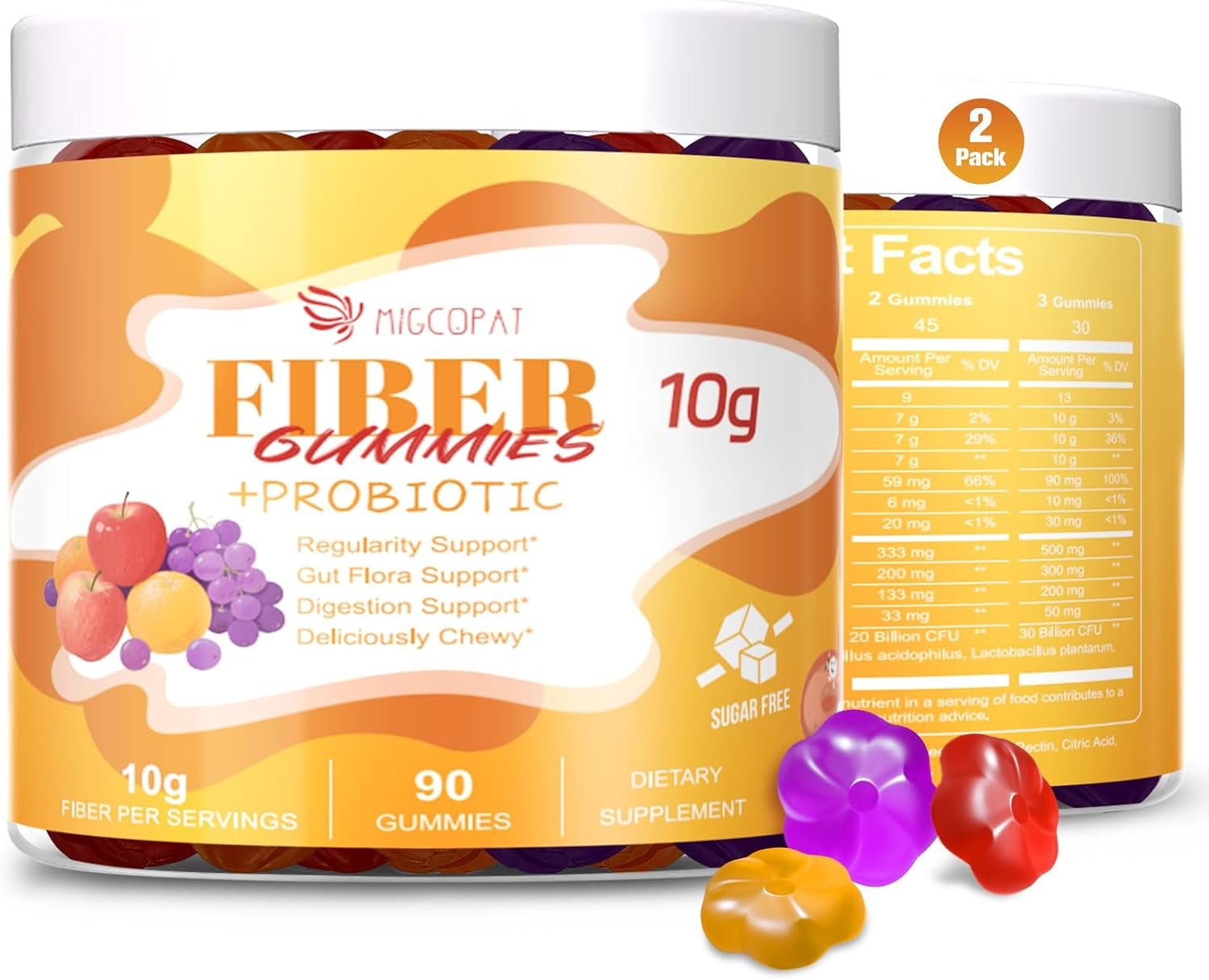 Migcopat 10G Fiber Gummies for Adults – Support Digestive Health – Fiber Supplement with 30 Billion CFU Probiotics Blend, ACV, Vitamin C, Inulin – No Sugar Added – Fruit Flavored – 180 Count