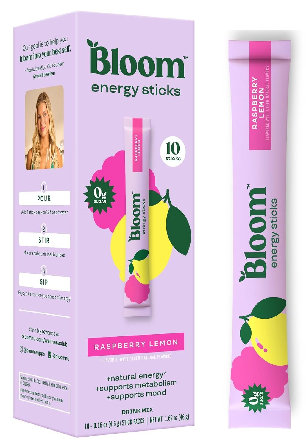 Bloom Nutrition Energy Drink Powder Packets, Raspberry Lemonade, 10 Count