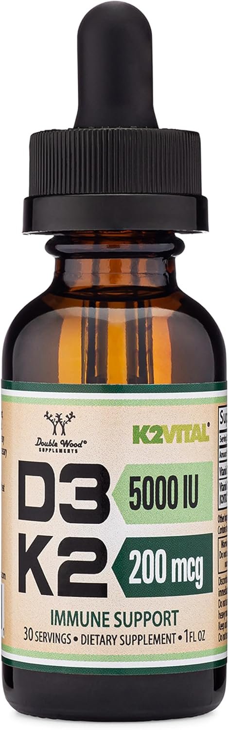 Vitamin D3 + K2 Drops 5,000 IU + 200mcg K2, Bone + Immune, 30 Servings