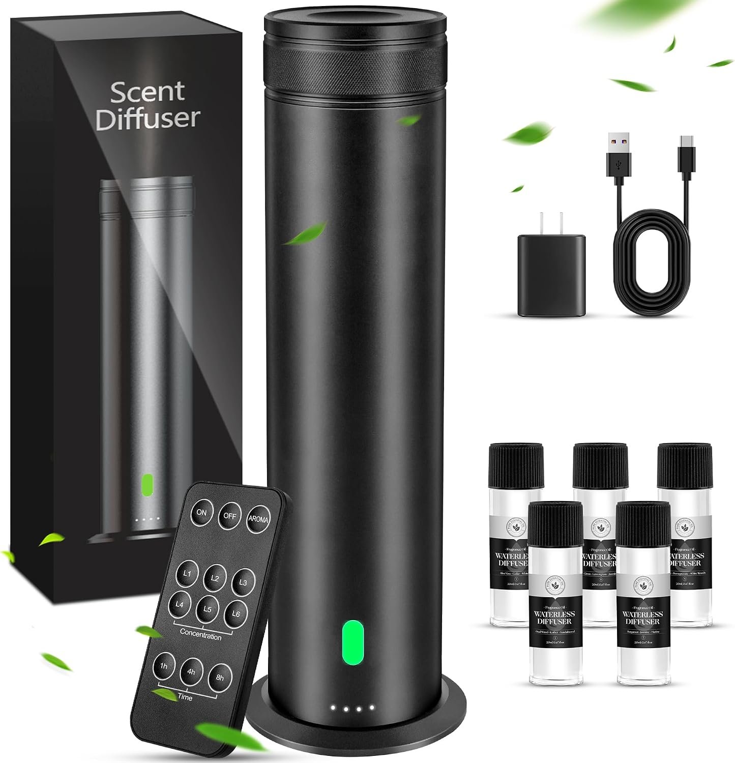 Waterless Scent Diffuser Starter Kit – Suitable for Home and Hotel Series Air Diffuser, 800 Square Inches of Coverage, 5 Kinds of Scented Essential Oils, Remote Control
