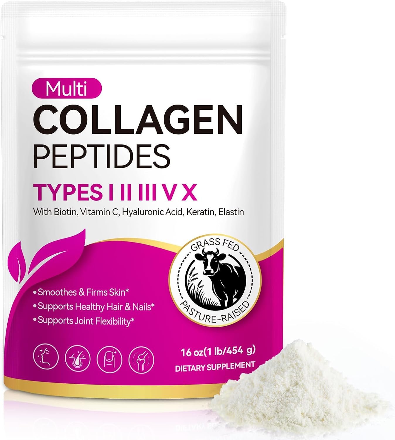 Multi Collagen Peptides Powder,Type I, II, III, V, X,with Biotin,Vitamin C,Hyaluronic Acid,Supports Healthy Joint, Hair, Skin & Nail Support,Grass-Fed, Non-GMO,16oz