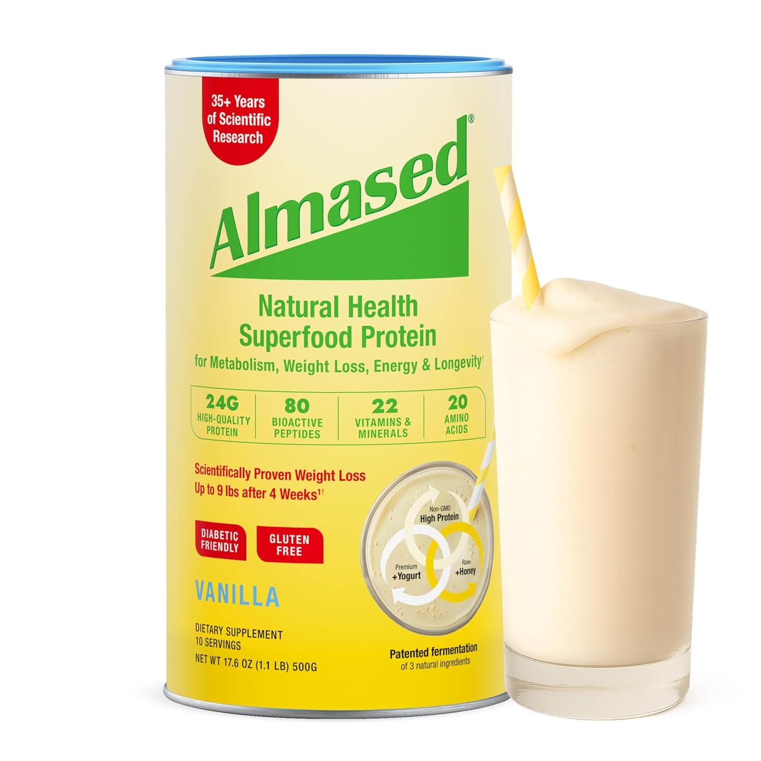 Almased Vanilla Meal Replacement Shake – Low-Glycemic High Plant Base Protein Powder- Nutritional Weight Health Support Supplement – Vanilla Flavor – 17.6 oz (1.1 Pound (1 Pack))
