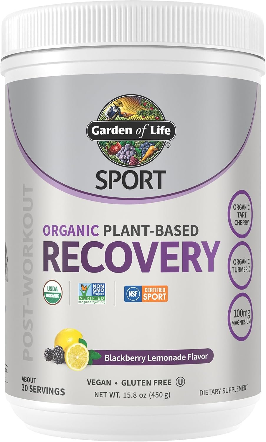 Garden of Life Sport Organic Plant-Based Recovery Powder – Muscle Recovery Supplement for Women & Men with Vitamins and Magnesium, Non-GMO, Gluten-Free, BlackBerry Lemonade Flavor, 30 Servings