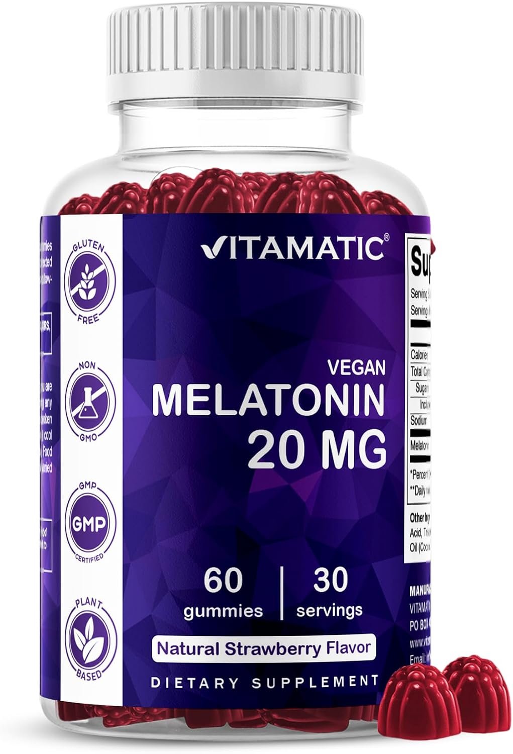 Vitamatic Melatonin 20 mg Gummies, Vegan, Strawberry, 60 Count