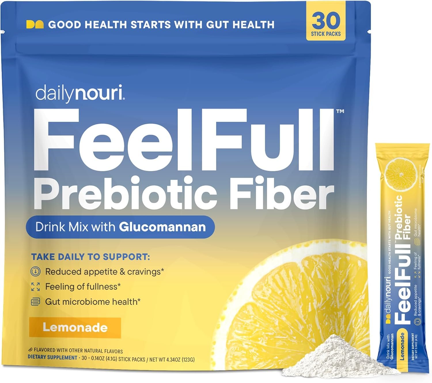 Daily Nouri FeelFull Prebiotic Fiber Drink Mix | Prebiotic Fiber for Fullness & Gut Health | Oligofructose + Glucomannan + Chromium | 30 Stick Packs