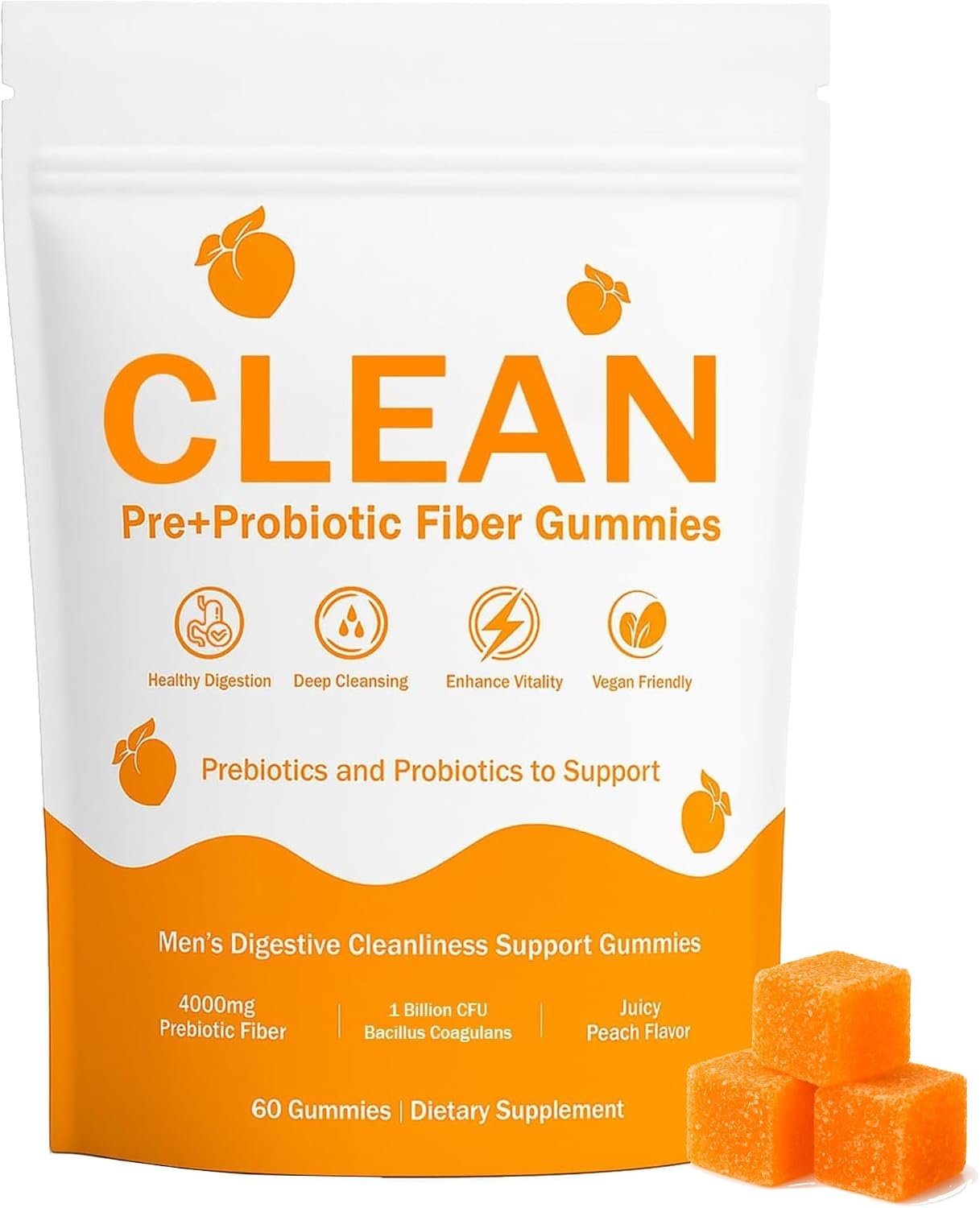 Clean Prebiotic Fiber Gummies for Men – Peach Flavor, Pre+Probiotic Fiber Gummies, Gut Balance, Digestive Support & Daily Clean Confidence, Cleaning Support Gummy 60Gummies