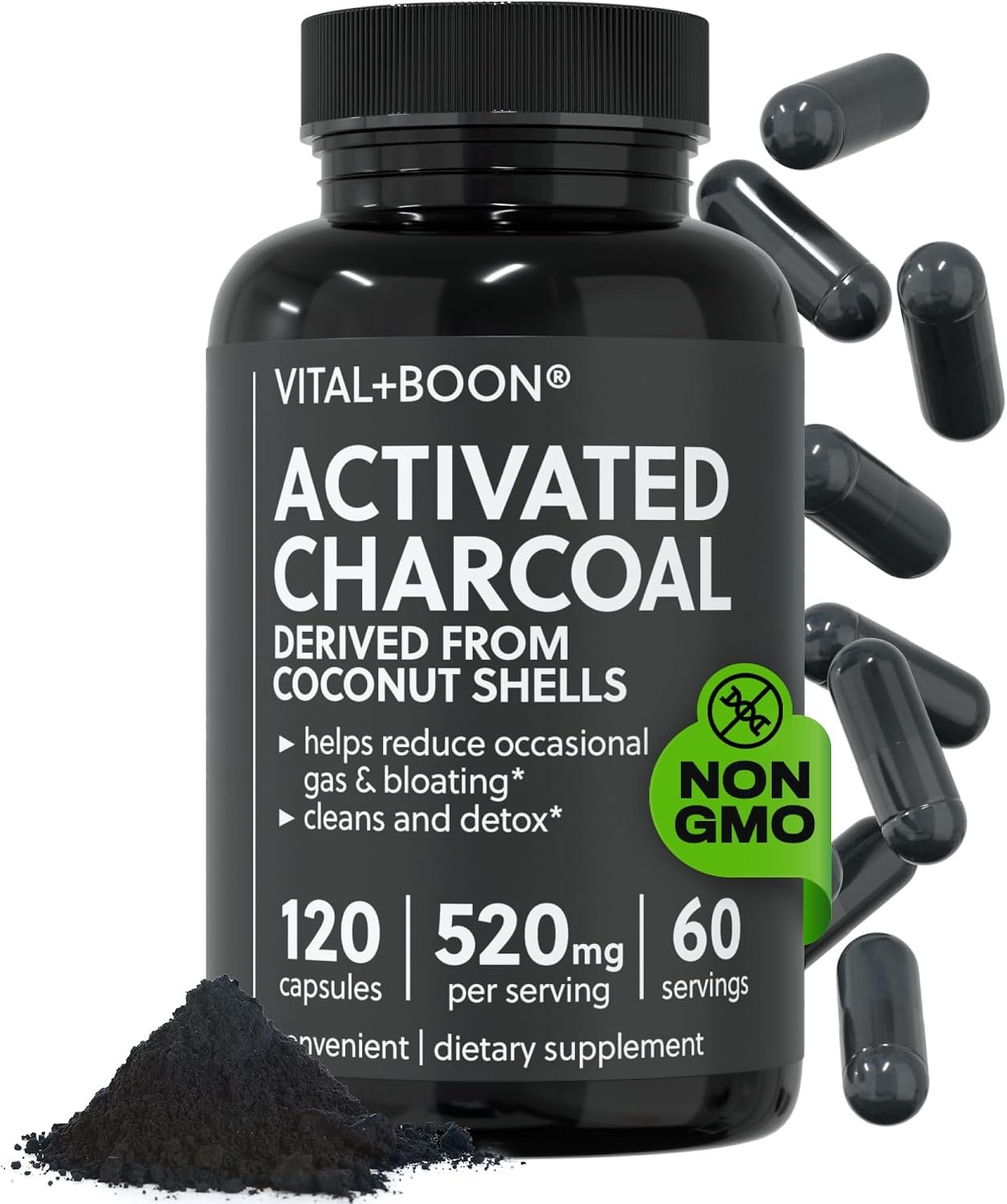 Vital+Boon Activated Charcoal Pills, Coconut Shell (120 Capsules)